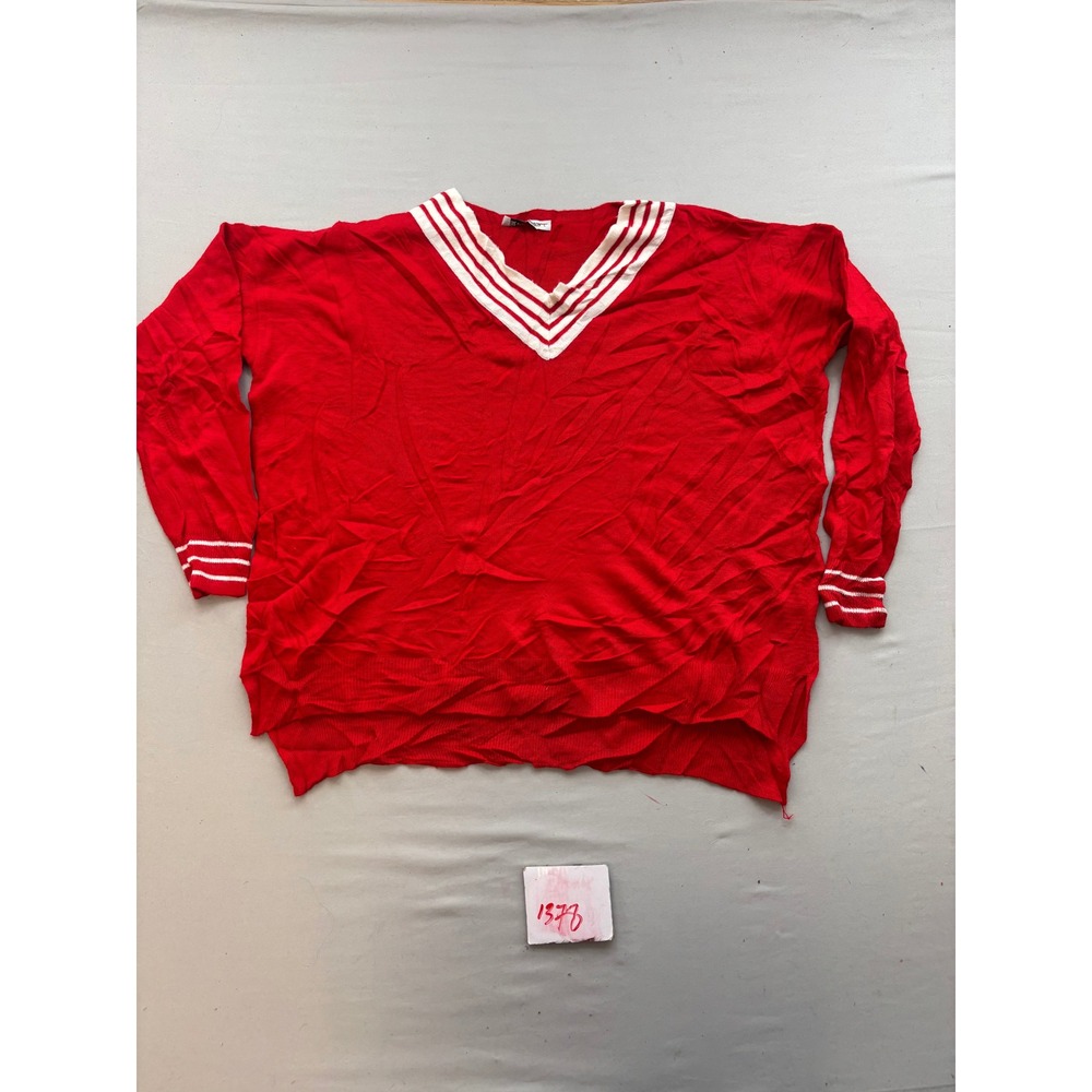 AQE Fashion Red V-Neck Striped Trim Oversized Knit Sweater Size L Varsity Style